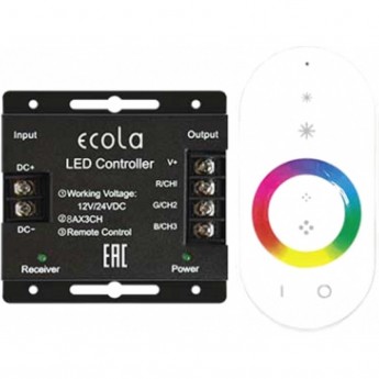 Контроллер ECOLA LED strip RGB RF controller 24A 288W 12V (576W 24V) с кольцевым сенсорным белым радиопультом Контроллер ECOLA LED strip RGB RF controller 24A 288W 12V (576W 24V) с кольцевым сенсорным белым радиопультом